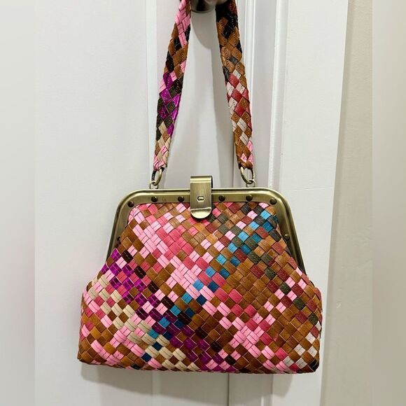 Colorful Genuine Woven Leather Retro Metal Frame & Push Lock Handbag, Crossbody - Picture 3 of 16
